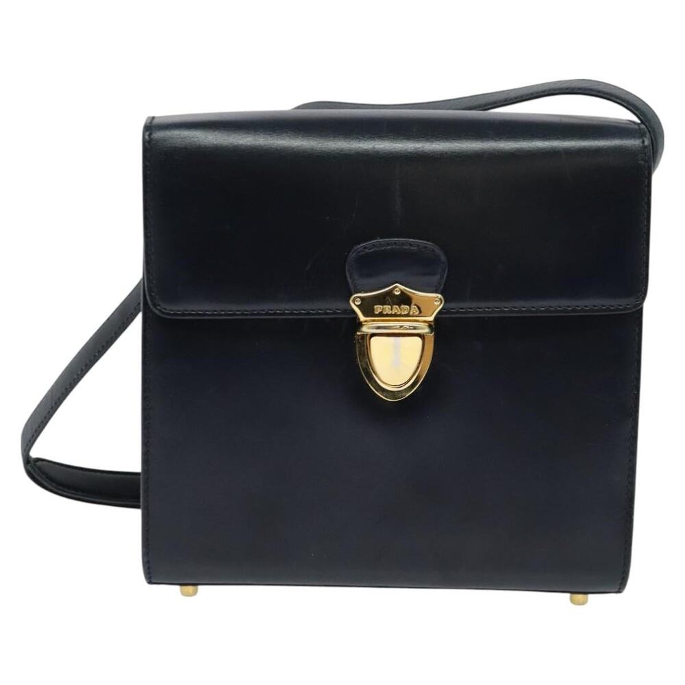 PRADA Shoulder Bag Leather Navy Gold - Picture 2 of 12